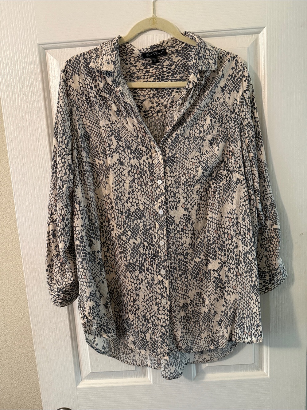 Velvet Heart Blue and Cream Snake-Print Button Front Blouse